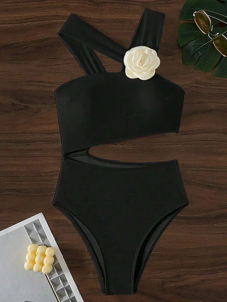 Summer Women Solid Color Swimsuit Sexy Flower Backless Pure Cotton Swimsuit Fashion Suspender Split Style Bikini Set - Image 2