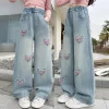 Teen Girls Denim Pants Spring Autumn New Heart Print Hole Wide Leg Pants For 5 6 8 10 12 14 Years Girls Stylish Trousers