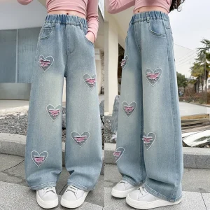 Teen Girls Denim Pants Spring Autumn New Heart Print Hole Wide Leg Pants For 5 6 8 10 12 14 Years Girls Stylish Trousers