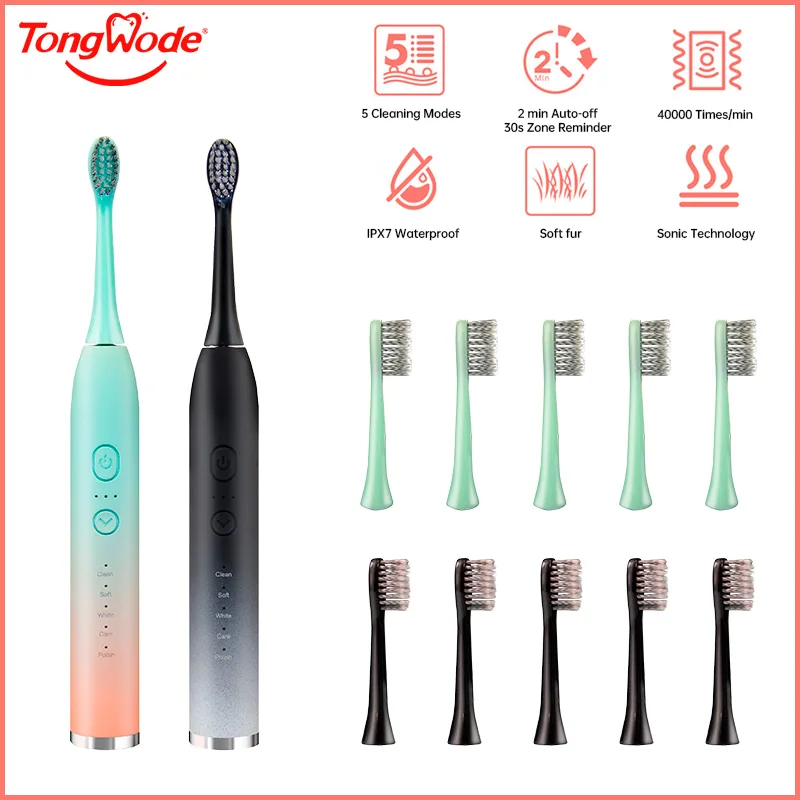 Tongwode Electric Sonic Toothbrush Rechargeable Waterproof Electronic USB Charge Whitening Tooth Brushes Replacement Heads Adult - Image 2
