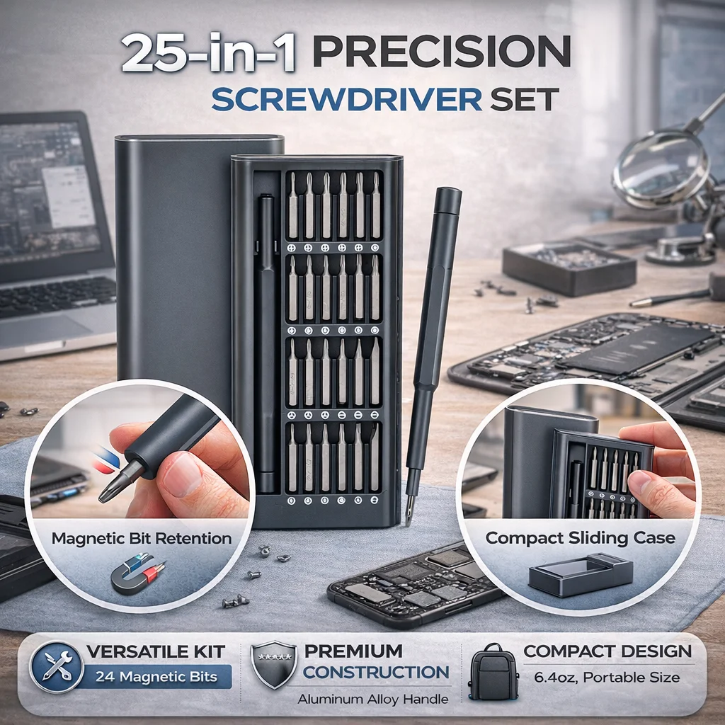 UF Tool 25-in-1 Magnetic Screwdriver Set - Precision Repair Kit for Phone, Computer & Electronics - 24 Detachable Steel Bits