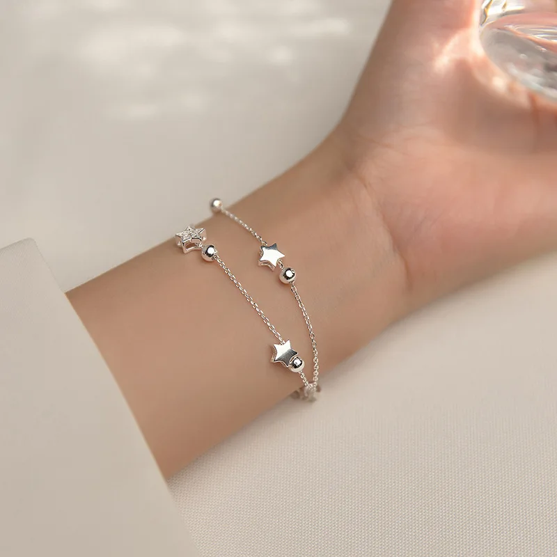VENTFILLE 925 Stamp Silver Color Star Bracelet Fashion Korean Five-pointed Stars Crystal Double Bracelet Dropshipping Wholesale - Image 3