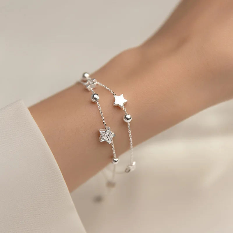 VENTFILLE 925 Stamp Silver Color Star Bracelet Fashion Korean Five-pointed Stars Crystal Double Bracelet Dropshipping Wholesale - Image 4