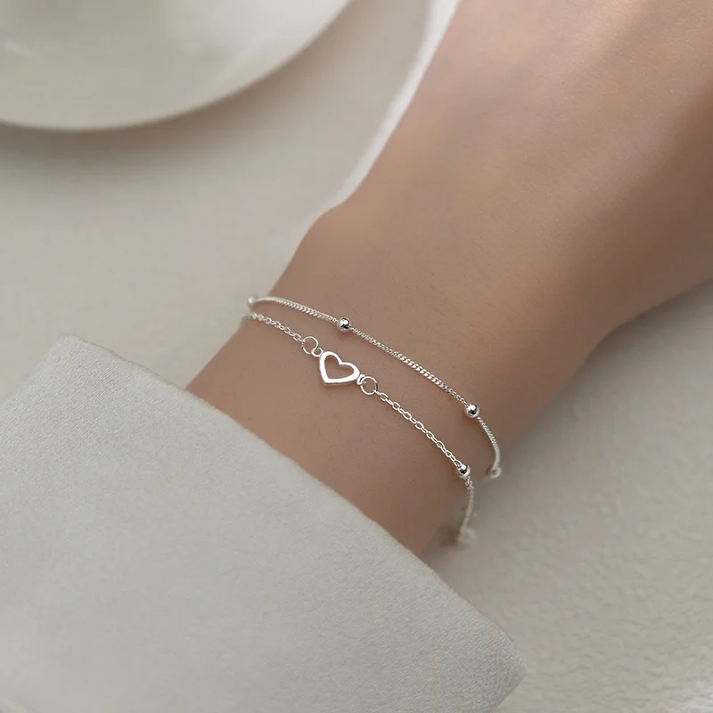 VENTFILLE 925 Sterling Silver Double Love Heart Hollow Round Beads Bracelet Female Fashion Romantic Jewelry Classic Adjustable - Image 2