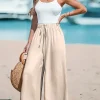 Vacation Style Cotton Linen Wide Leg Pants Women's High Waist Elasto Drawstring Design Loose Dipping Sense Straight Casual Beach