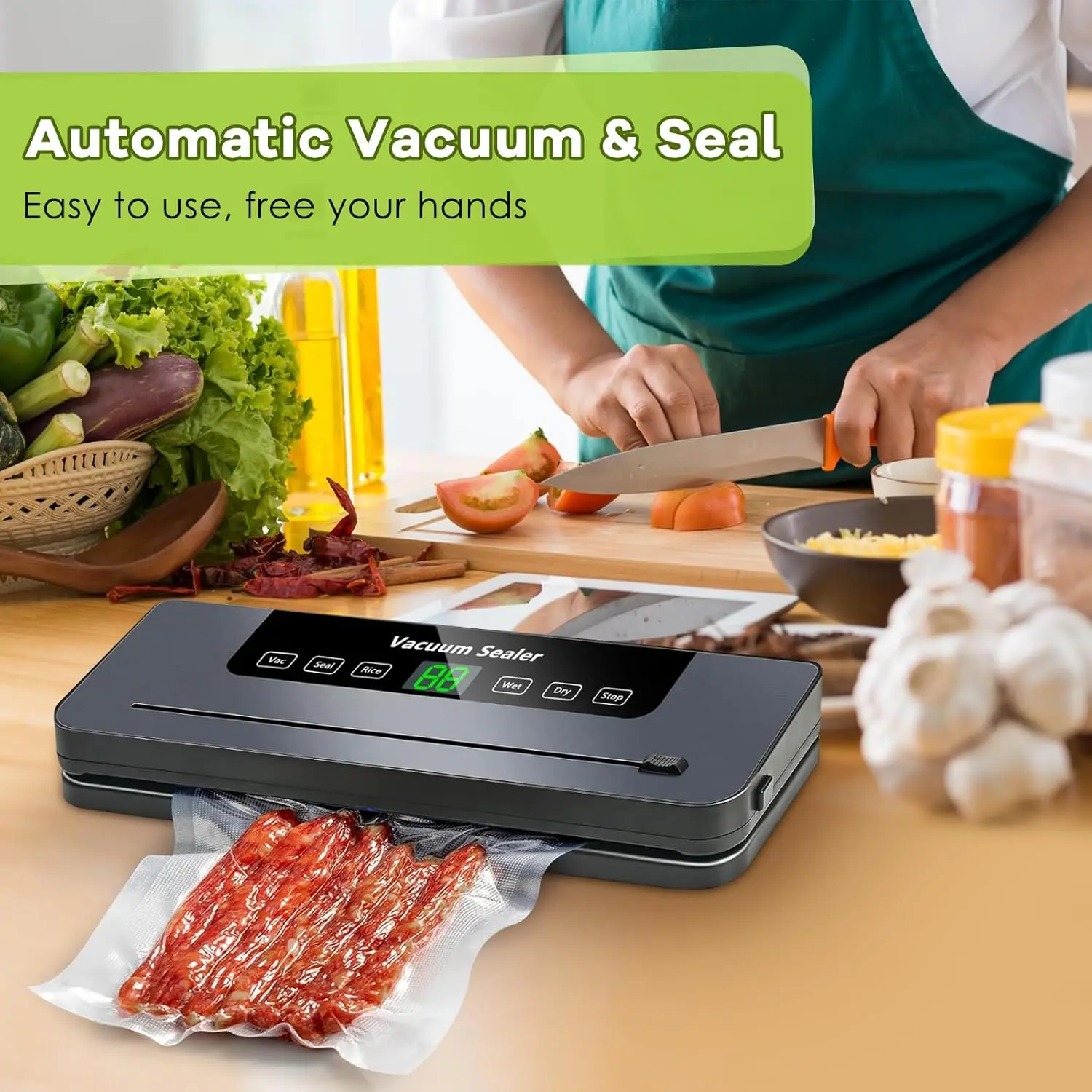 Vacuum Sealer,Automatic Food Vacuum Sealer,5 modes,with 10 sealing pockets and built-in cutter for sealing of wet and dry food - Image 3