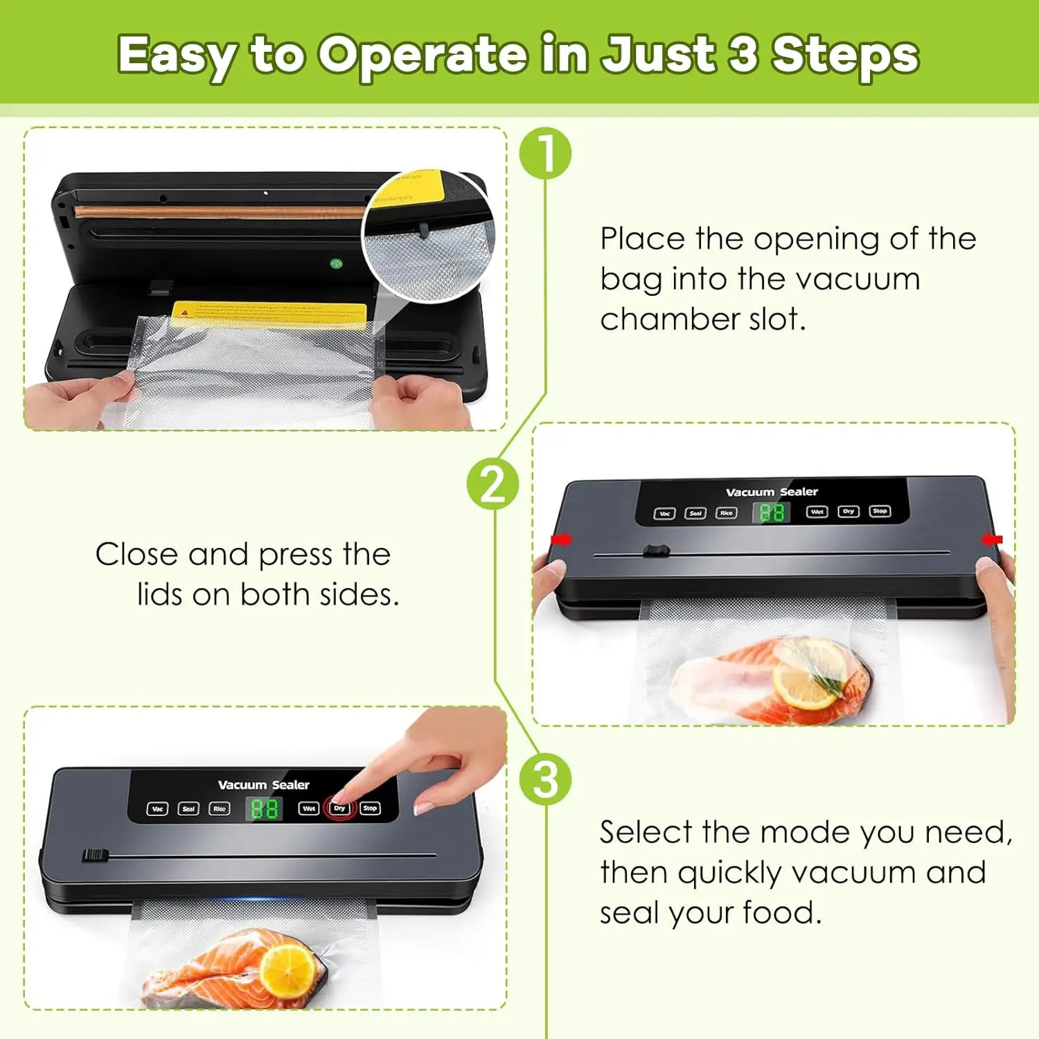 Vacuum Sealer,Automatic Food Vacuum Sealer,5 modes,with 10 sealing pockets and built-in cutter for sealing of wet and dry food - Image 4