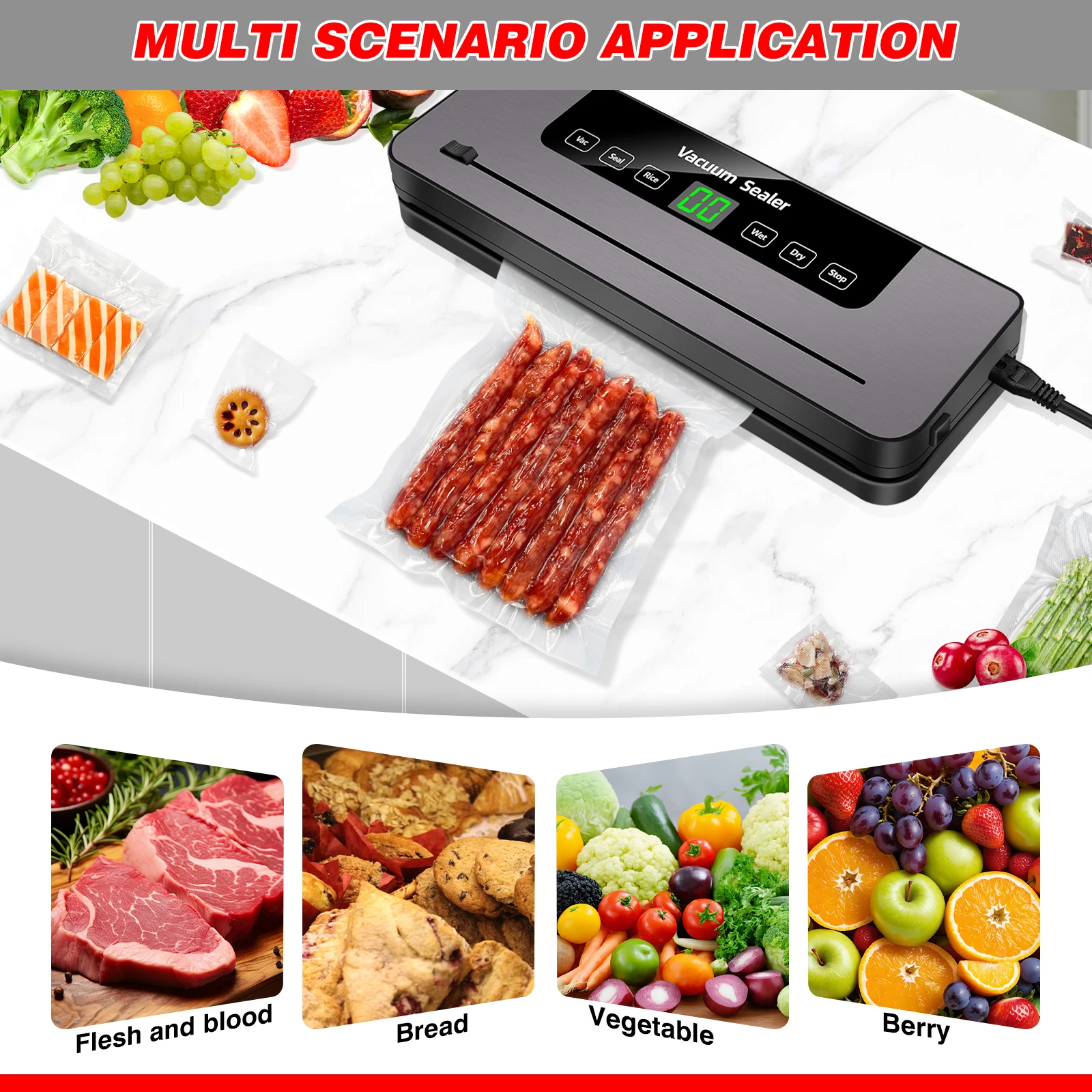 Vacuum Sealer,Automatic Food Vacuum Sealer,5 modes,with 10 sealing pockets and built-in cutter for sealing of wet and dry food - Image 3