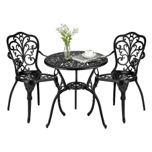 Vintage 3-Piece Outdoor Bistro Set, Cast Aluminum Patio Furniture 1 Table & 2 Chairs Set for 2 Persons Garden Porch & Backyard