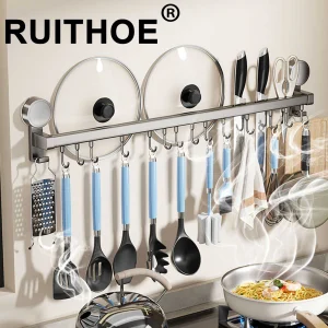 Wall Mounted Kitchen Hook Rack No-Punching Kitchen Utensils Rack Spoon Shovel Chopping Board Storage Rack