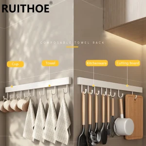 Wall Mounted Kitchen Hook Rack No-Punching Wall Hangers Rail Kitchen Utensils Rack Spoon Shovel Chopping Board Storage Rack