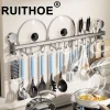 Wall Mounted Kitchen Hook Rack No-Punching Wall Hangers Rail Kitchen Utensils Rack Spoon Shovel Chopping Board Storage Rack