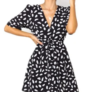 White Sand Spot Mini Summer Dresses Women V Neck Casual Beach Sundress Sexy Botton Wrap Bodycon Dress Female