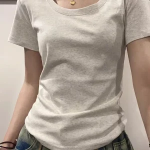 Woman Clothing Short Sleeve T-shirt Slim Fit Tops Female U Collar Knitted Sheath Tee Shirt Street Wear Sexy Sporty