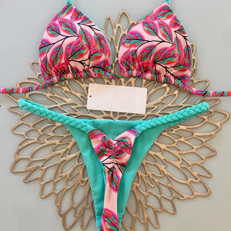 Women Bikini Leaves Print Swimsuit Bathing Suit 2023 Biquini Women Bikini Set Brazilian Swimwear Sexy Thong High Waist Swimsuit