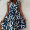 Women Boho Print Mini Dress Summer Elegant Sleeveless V Neck Ruffle A Line Tank Dress Casual Loose Oversize Beach Party Sundress