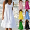 Women Causual O Neck Sleeveless Ruffles Mini Dress Boho Solid Beach Sundress Oversized Loose Dress 2023 Summer