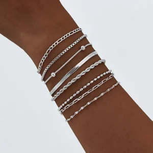 Women Chain Bracelet Silver Color, Stainless Steel Link Stackable Bracelets, Layered Fashion Accessories Gifts