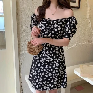 Women Chiffon Mini Dresses Summer Fashion Female Vestidos Skinny Print Floral Shirring Pleated Short Puffy Sleeve Casual Dress