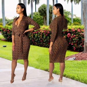 Women Fall Summer Elegant Print Slim High Waist Dress Office Lady Long Sleeve Midi Plaid V Neck Party