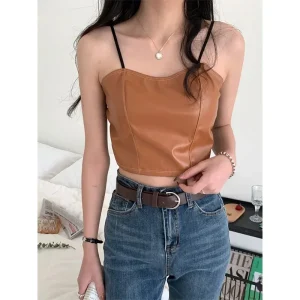 Women PU leather camis underwear padded bra sexy tops Y2K crop tops elastic lace at back tank tops for women streetwear
