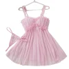 Women Perspective Mesh Nightdress Bow Wrapped Around Chest Pink Sexy Babydoll With Thong Erotic Sexy Lingerie Valentine Day Gift