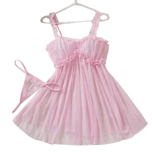 Women Perspective Mesh Nightdress Bow Wrapped Around Chest Pink Sexy Babydoll With Thong Erotic Sexy Lingerie Valentine Day Gift
