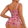 Women Pink Lips Love Print Nightdress Sexy Lace Bow Adult Dress Babydoll Sex Sleepdress And Thongs Lingerie Sets Erotic Outfits
