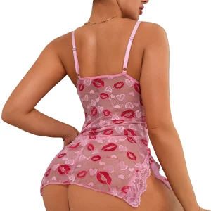 Women Pink Lips Love Print Nightdress Sexy Lace Bow Adult Dress Babydoll Sex Sleepdress And Thongs Lingerie Sets Erotic Outfits