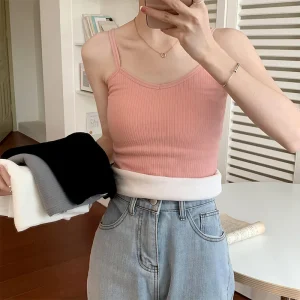 Women Sexy Solid Color Tops Thermal Casual Comfortable Elasticity Crop top Black Thin Velvet Sleeveless Underwear Tank Top