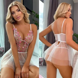 Women Transparent Nightwear Sexy Sleepwear Floral Embroidery Night Dress Lingerie Babydoll Lace Temptation Underwear Nightdress