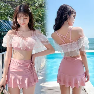 Women's 2 Piece Bikini Set Pink Off Shoulder Ruffled Mesh Top With Ruched Side Ruffle Skirt Summer Beach Bathing Suit Swimwear