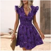Women's Bohemian Floral Print V Neck Ruffle Sleeve Party Dress Smocked Waist A Line Casual Summer Beach Sundress