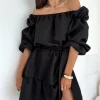 Women's Elegant Black Off-Shoulder Mini Dress with Puff Sleeves, Ruffled Hem and Tie Waist - Chic Casual Party Wear for Summer