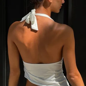 Women's Halter Crop Top Y2K Elegant V Neck Sleeveless Casual Solid Summer Tees Sporty Streetwear Formal Female Vest