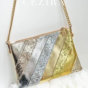 Women's Metallic PU Leather Patchwork Clutch Bag Fashion Dazzling Shiny Sequins Metal Chain Shoulder Cross body Handbag Party