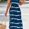 Women's Navy Blue Tie Dye Striped Maxi Dress with Sleeveless Bateau Neck and Flowy Long Skirt for Summer Beach Vacation