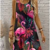 Women's Off Shoulder Sleeveless Crew Neck A-Line Dress,Bird Print,Magenta Pink Purple Orange, Casual Summer Beach Vacation Dress