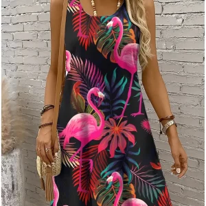 Women's Off Shoulder Sleeveless Crew Neck A-Line Dress,Bird Print,Magenta Pink Purple Orange, Casual Summer Beach Vacation Dress
