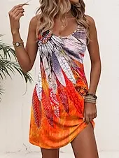 Women's Sleeveless Crew Neck Loose Mini Dress,Print, Yellow Blue Purple Orange, Casual Spring Summer Beach Vacation Daily Dress