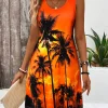 Women's Sleeveless Round Neck Tropical Print Beach Dress, Orange Red Purple Palm Tree Design, Summer Vacation Casual Dress