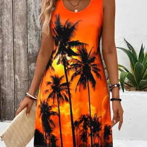 Women's Sleeveless Round Neck Tropical Print Beach Dress, Orange Red Purple Palm Tree Design, Summer Vacation Casual Dress