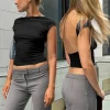 Women's T-shirt Summer New O-Neck Sexy Crop Top Backless Slim Solid T-Shirt Short Sleeve Fashion Streetwear Pullover Female Tees