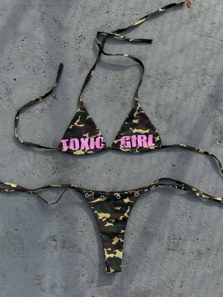 Women's Triangle Bikini Set Camouflage Print Sexy Y2K Micro Bikini Swimwear Summer Beach Vacation Party Bathing Suit For Women