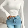 Women's long sleeved short top with waist cinching and slim fit round neck T-shirt for spring and autumn daily basic style