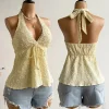 Women's summer V-neck lace up exposed neck and backless casual vacation Topboho Easter beach clothing Hawaii Coachella Music Fes