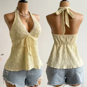 Women's summer V-neck lace up exposed neck and backless casual vacation Topboho Easter beach clothing Hawaii Coachella Music Fes