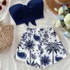Women's summer vacation coconut tree and Sun God cashew print 2-piece set, suitable for vacation, summer, and fashionable spring