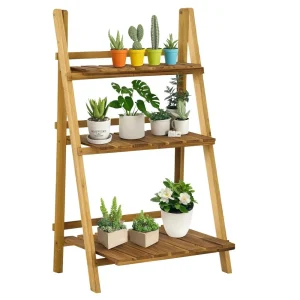 Wooden Folding Flower Pot Stand 3 Tier Garden Planter Display Ladder Gardener Storage Shelves Rack Herb Holder 60L x 37W x 93H