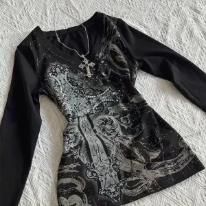 Y2K Women's Hip hop 90s Vintage Punk T-Shirt autumn Streetwear Sexy Short Sleeve Gothic Slim Crop Top Hotgirl Casual Femme Tee